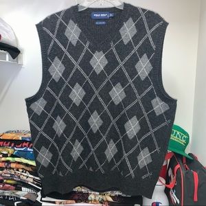Mens Vintage Polo Golf Sweater Vest Ralph Lauren Lamb Wool Argyle Large Gray